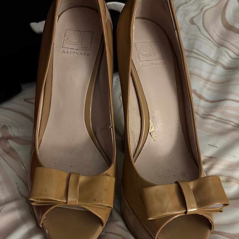 Tan Peep Toe Heels with Bow Detail